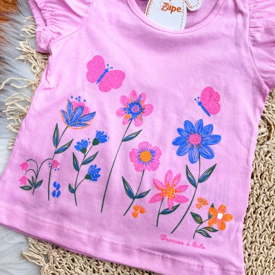 Conj. Blusa Jardim com Borboletas e Short Floral - Rosa